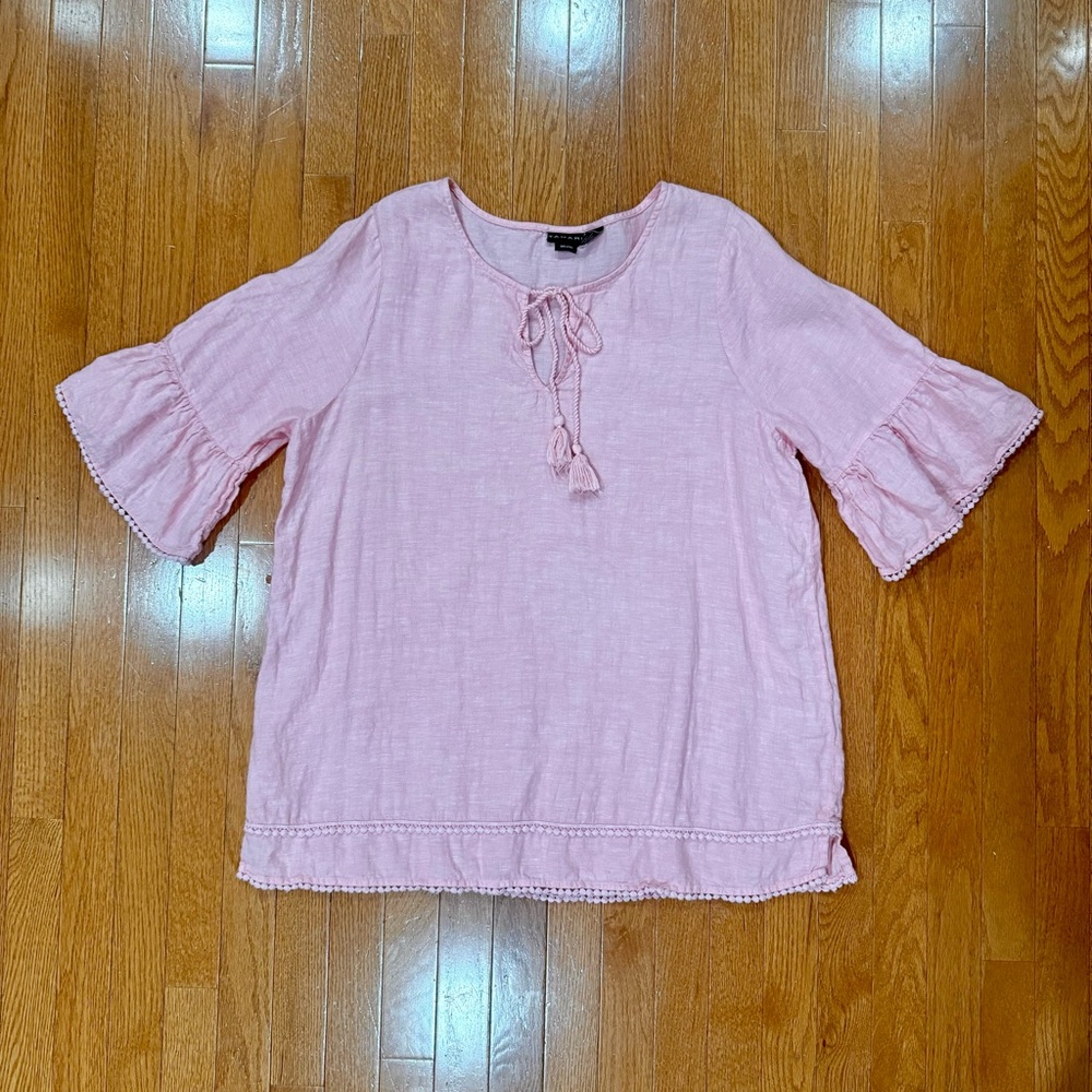 Tahari 100% Linen Blouse Top Short Sleeves Women’s 1x Tassel Ruffle Coquette
